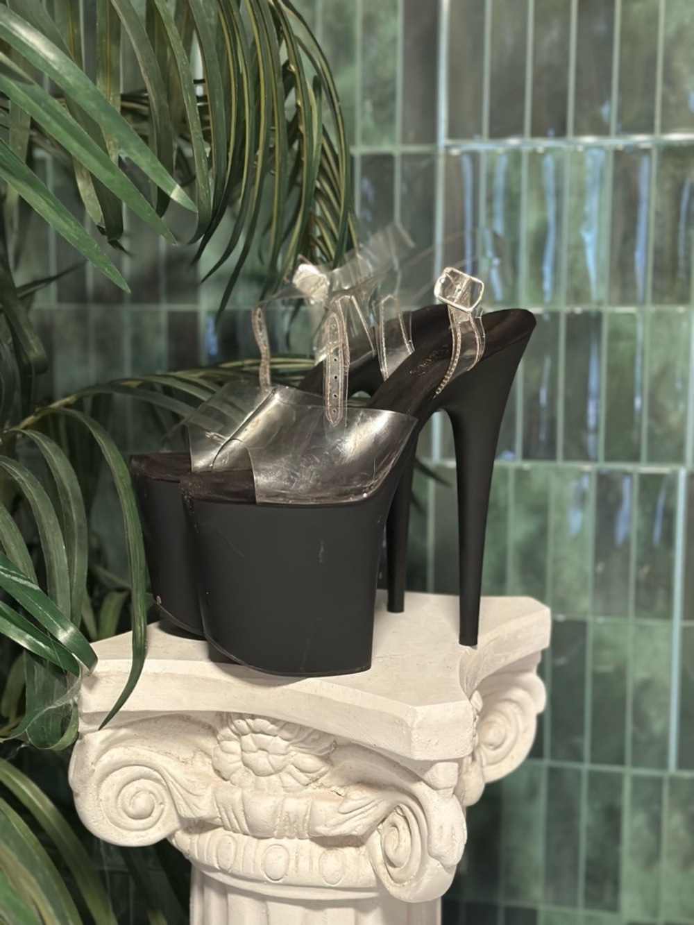 Plesser -8” size 9 Black Platform Clear-Strap High Heel Sandals - Women